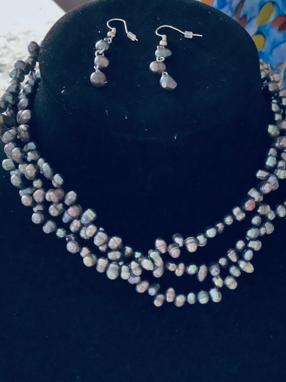 Elegant Triple Strand Freshwater Pearl Necklace Earring set Mothers Day Gift - Picture 2 of 5